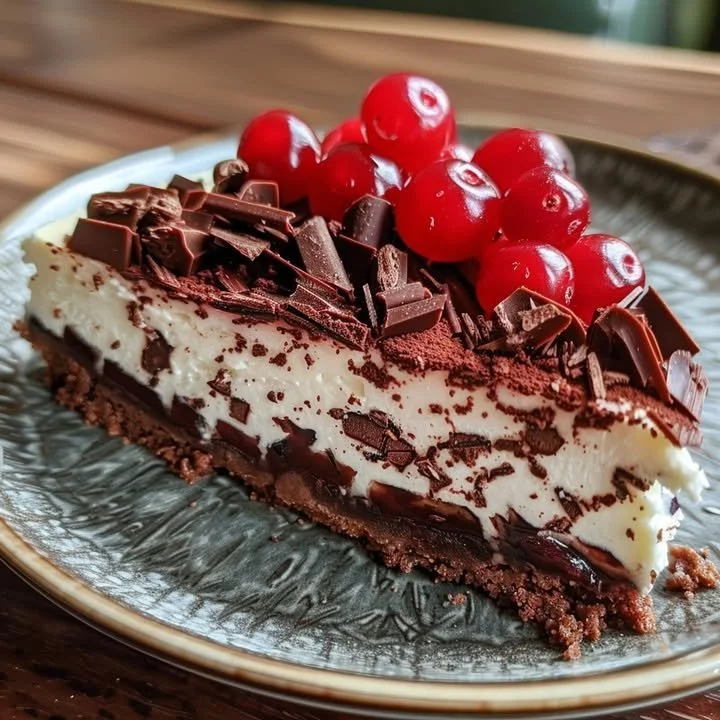 Delicious Black Forest Cheesecake topped with cherries and whipped cream.