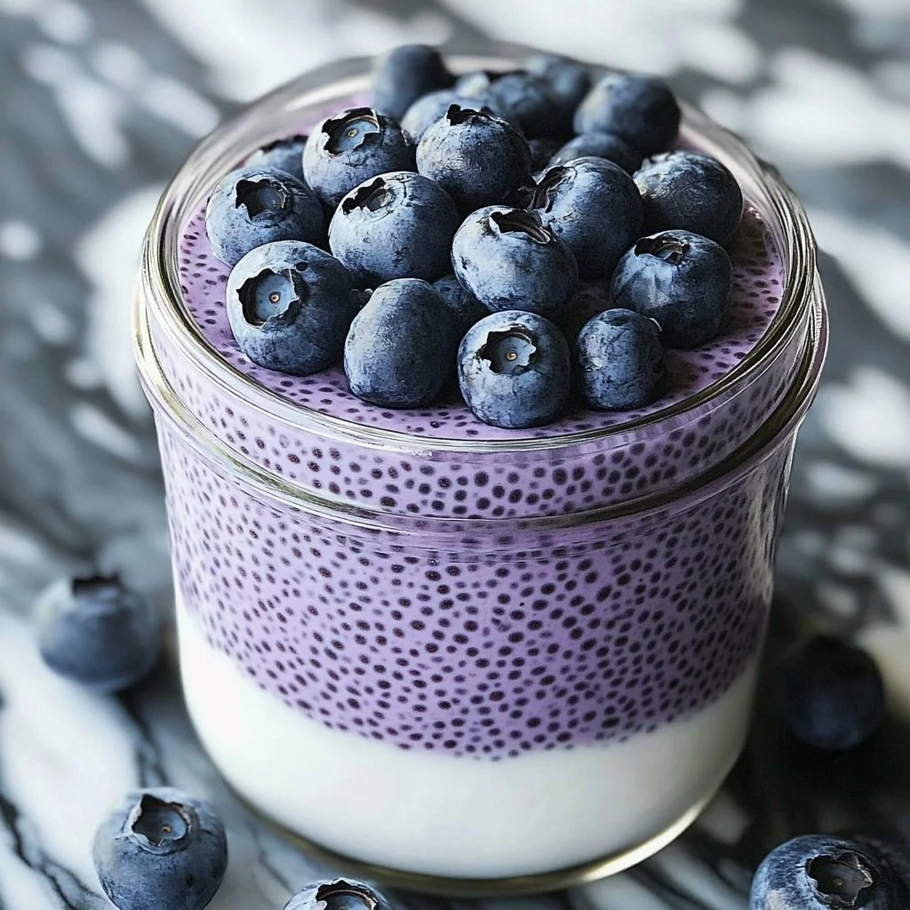 Bowl of blueberry chia pudding topped with fresh blueberries and mint