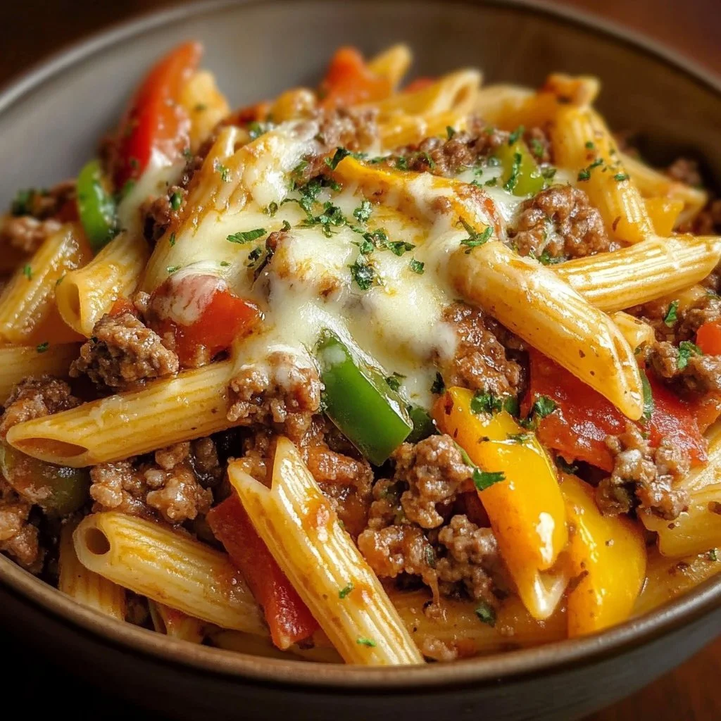 Delicious budget-friendly Philly Cheesesteak Pasta dish served in a bowl