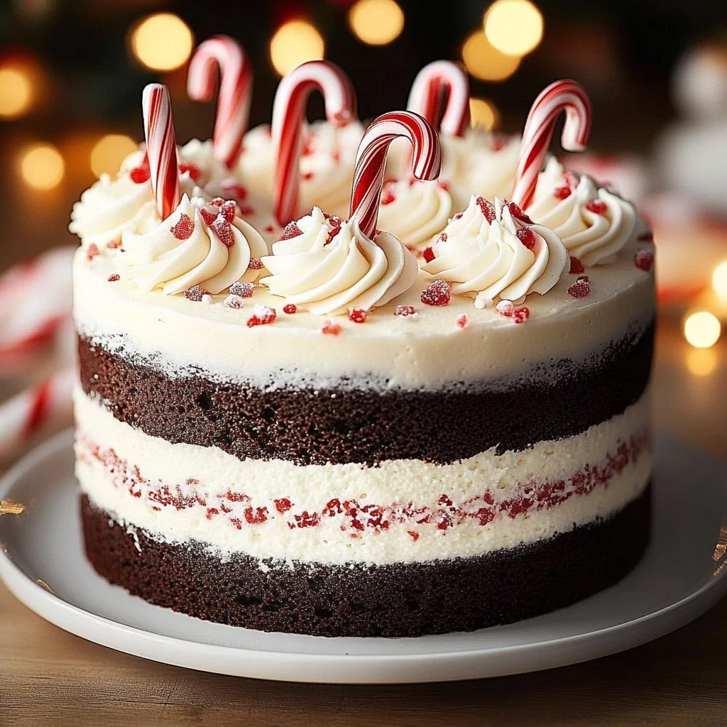 Delicious chocolate peppermint cake topped with mint frosting and cocoa decorations