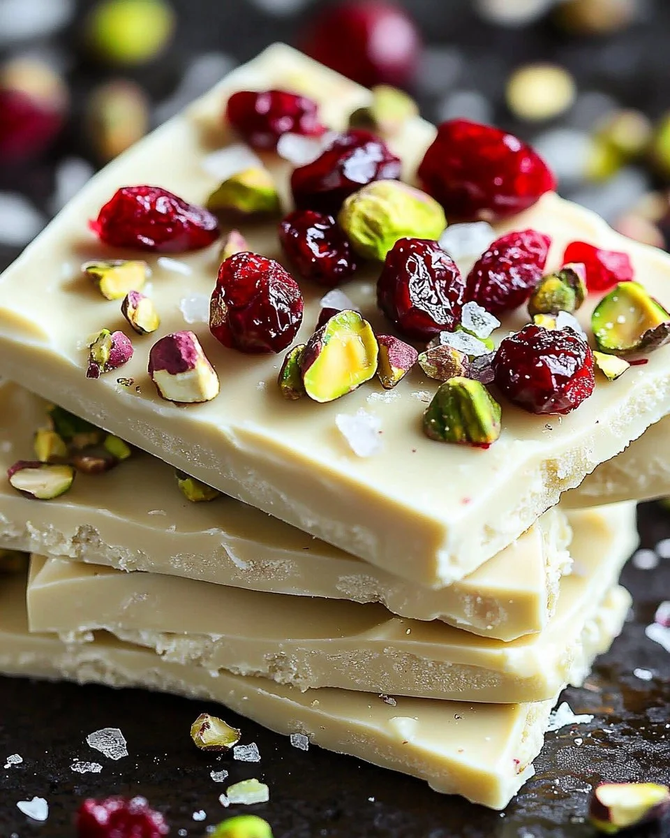 Cranberry Pistachio White Chocolate Bark with nuts and cranberries