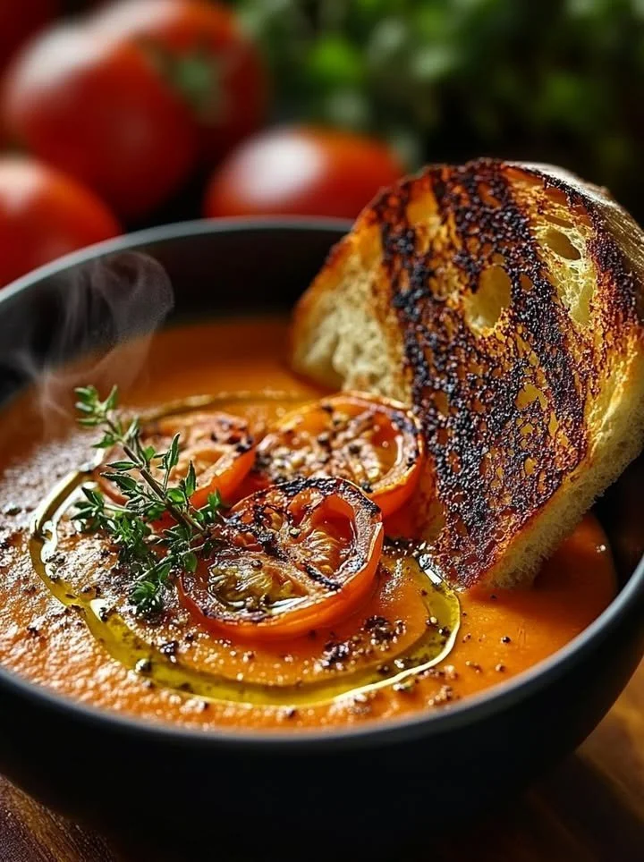 Creamy roasted tomato and garlic soup garnished with fresh herbs