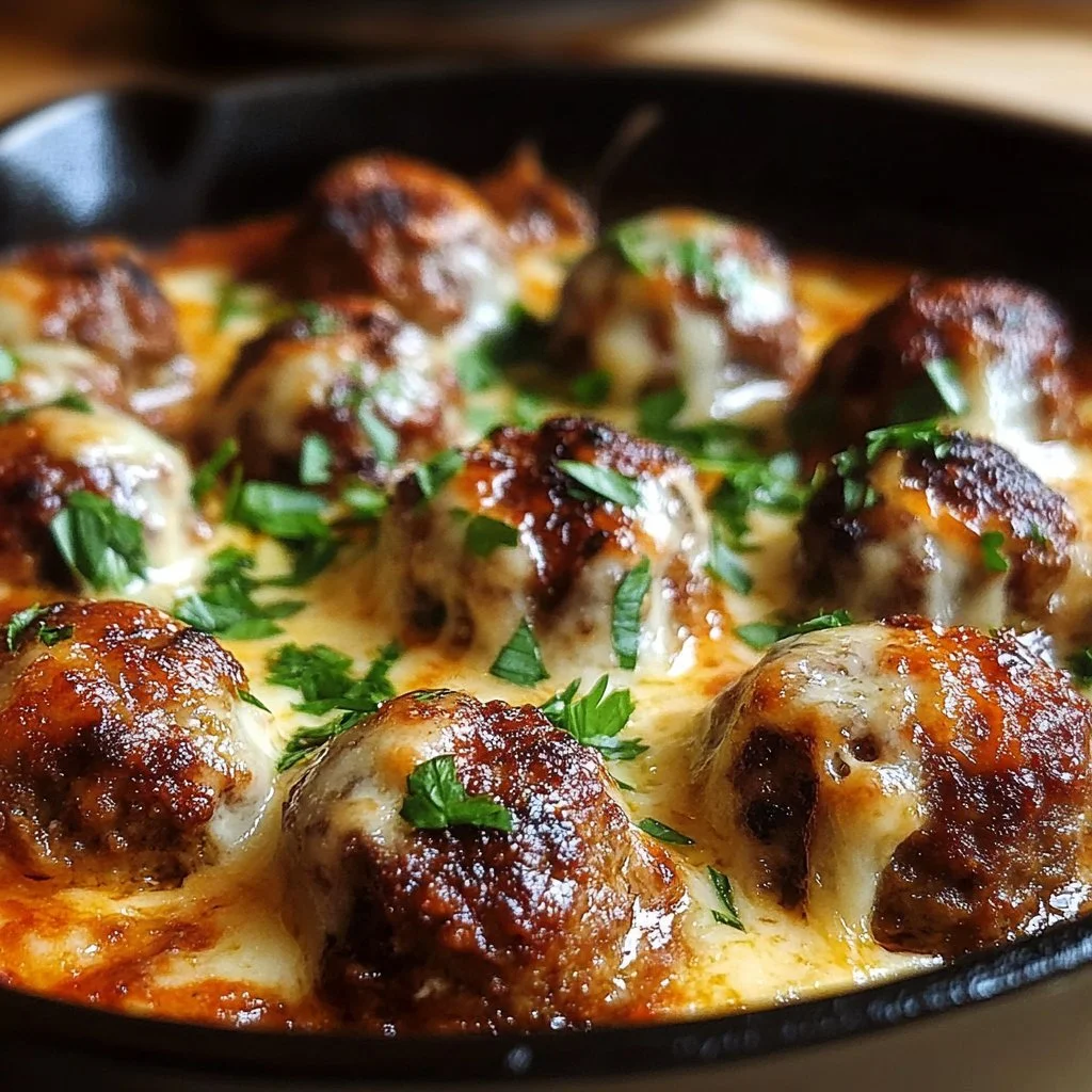 Delicious Crockpot French Onion Meatballs in a serving dish