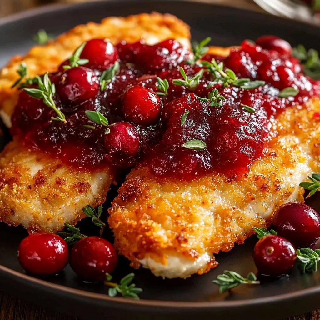 Crusted turkey fillets served with vibrant cranberry sauce on a plate
