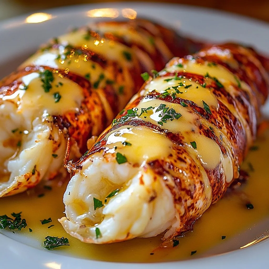 Creamy garlic lobster tails garnished with herbs on a plate
