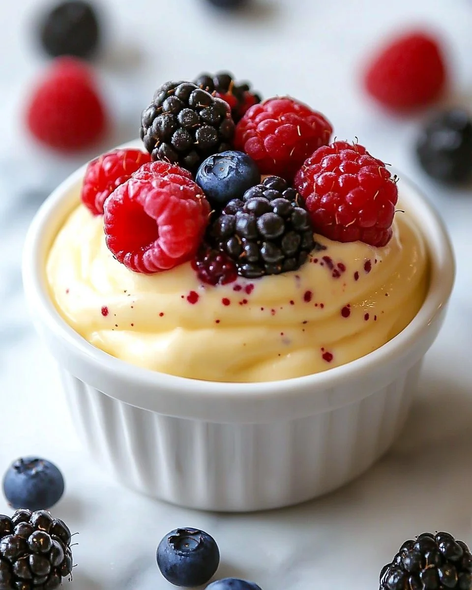 Bowl of easy fruit custard topped with fresh fruits and creamy texture