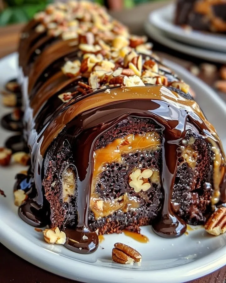 Gooey chocolate caramel turtle cake roll with rich chocolate frosting and caramel drizzle.