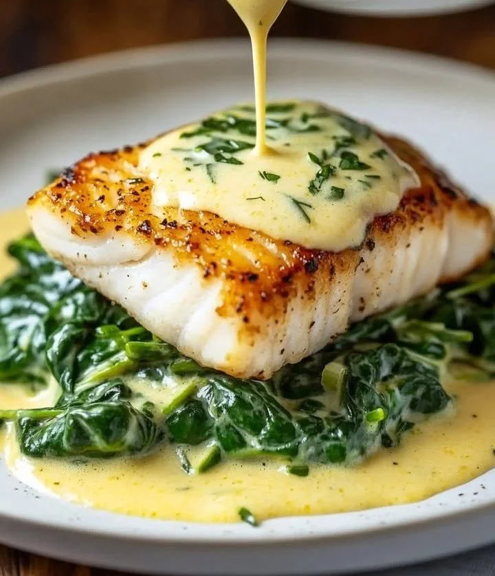 Lemon-garlic sea bass served with creamed spinach on a plate