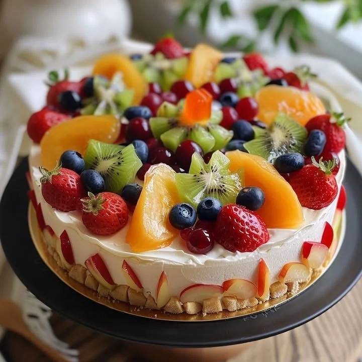 Delicious no-bake fruit cheesecake topped with fresh berries