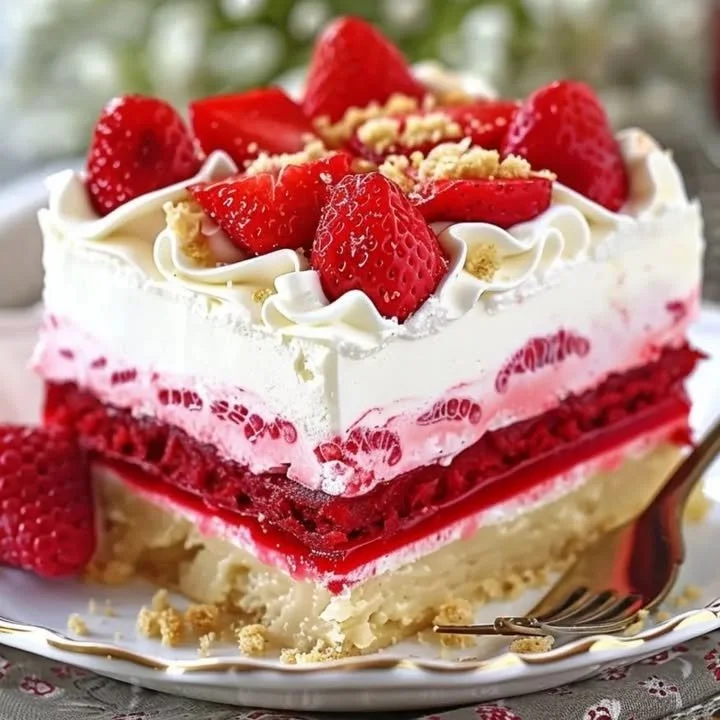 No-Bake Strawberry Jello Lasagna dessert with fresh strawberries and creamy layers