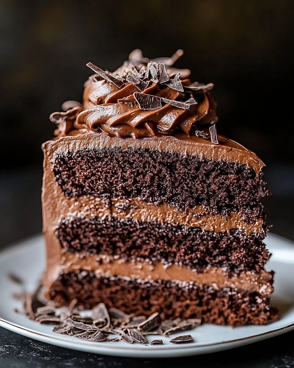 Perfect homemade chocolate cake with frosting on a plate
