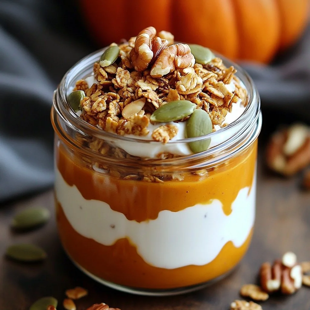 Bowl of creamy Pumpkin Overnight Oats topped with nuts and pumpkin seeds