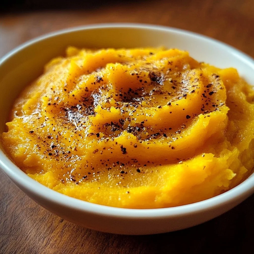 Bowl of roasted garlic mashed butternut squash topped with fresh herbs