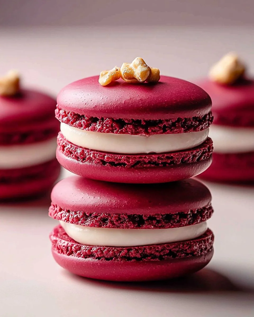 Savory beet macarons garnished with herbs on a rustic plate