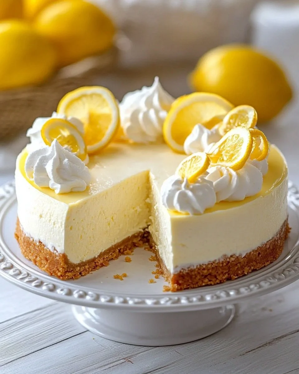 Delicious simple homemade lemon cheesecake slice on a plate