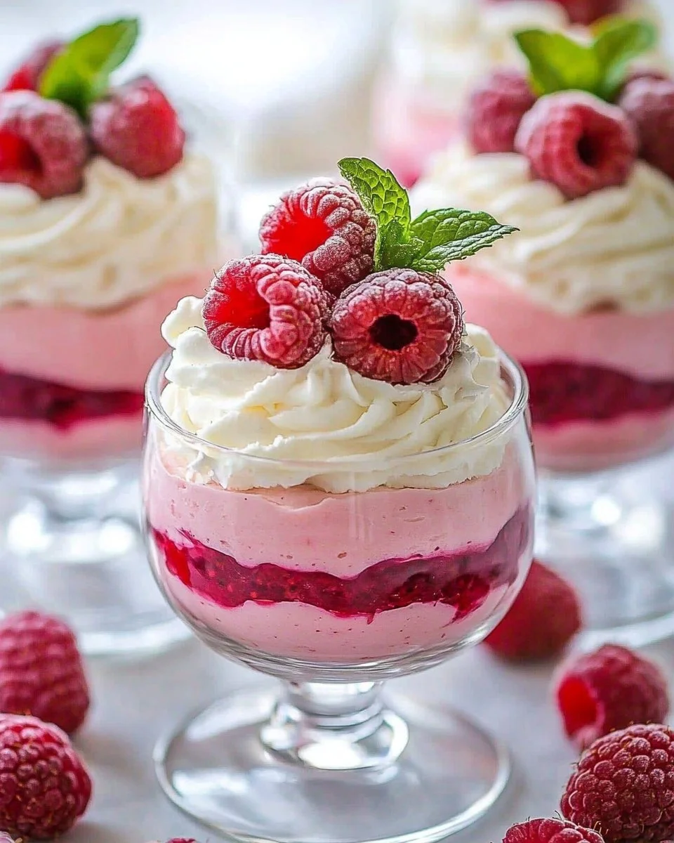Simple homemade raspberry mousse topped with fresh raspberries.