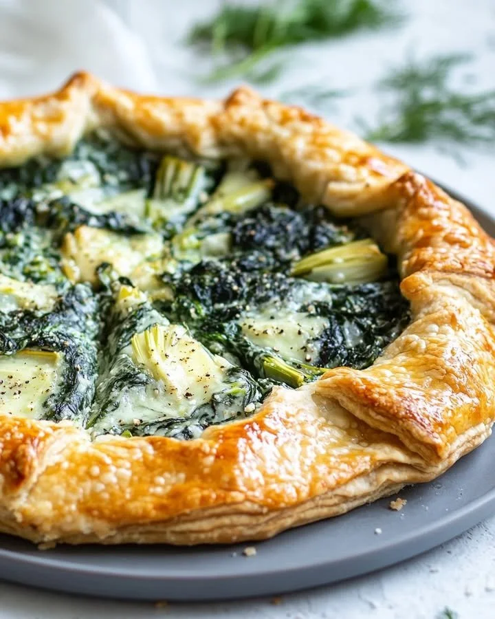 Spinach Artichoke Dip Galette served on a wooden platter with herbs