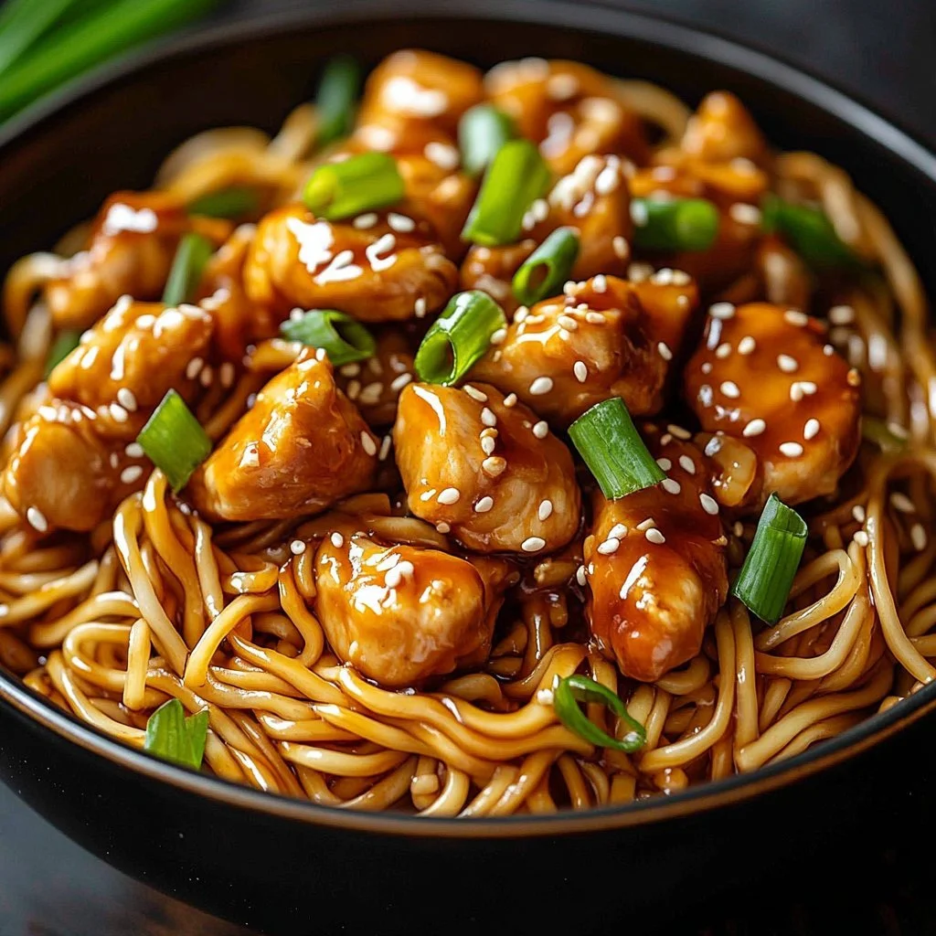 Delicious sticky garlic chicken noodles served in a bowl with herbs