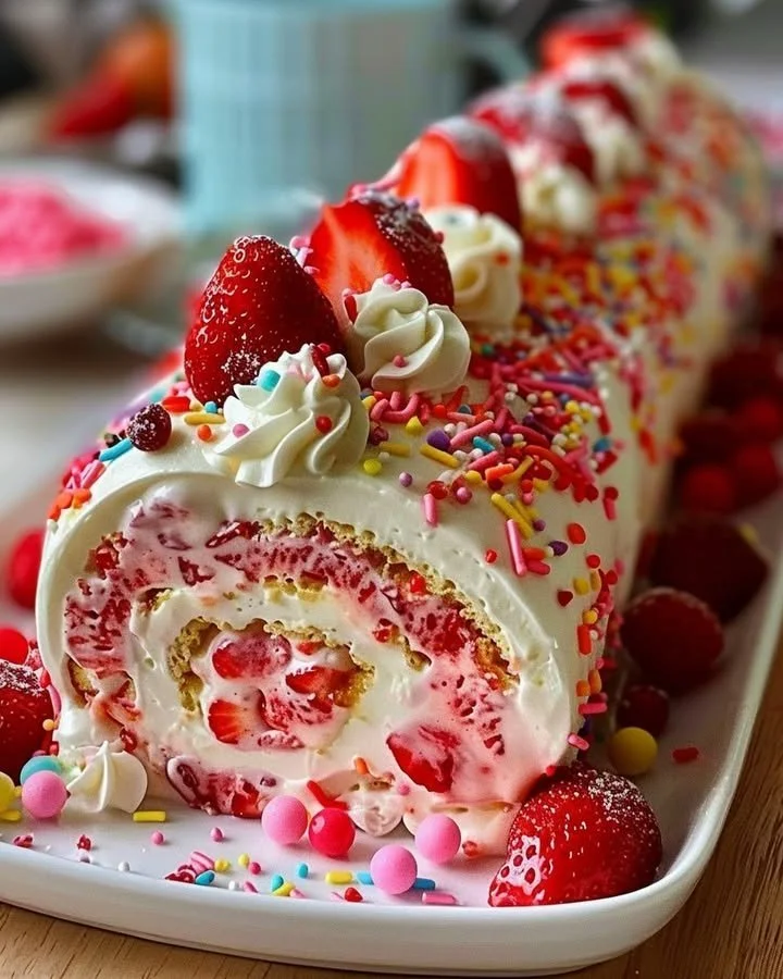 Strawberry Birthday Cake Roll dessert with cream filling and fresh strawberries