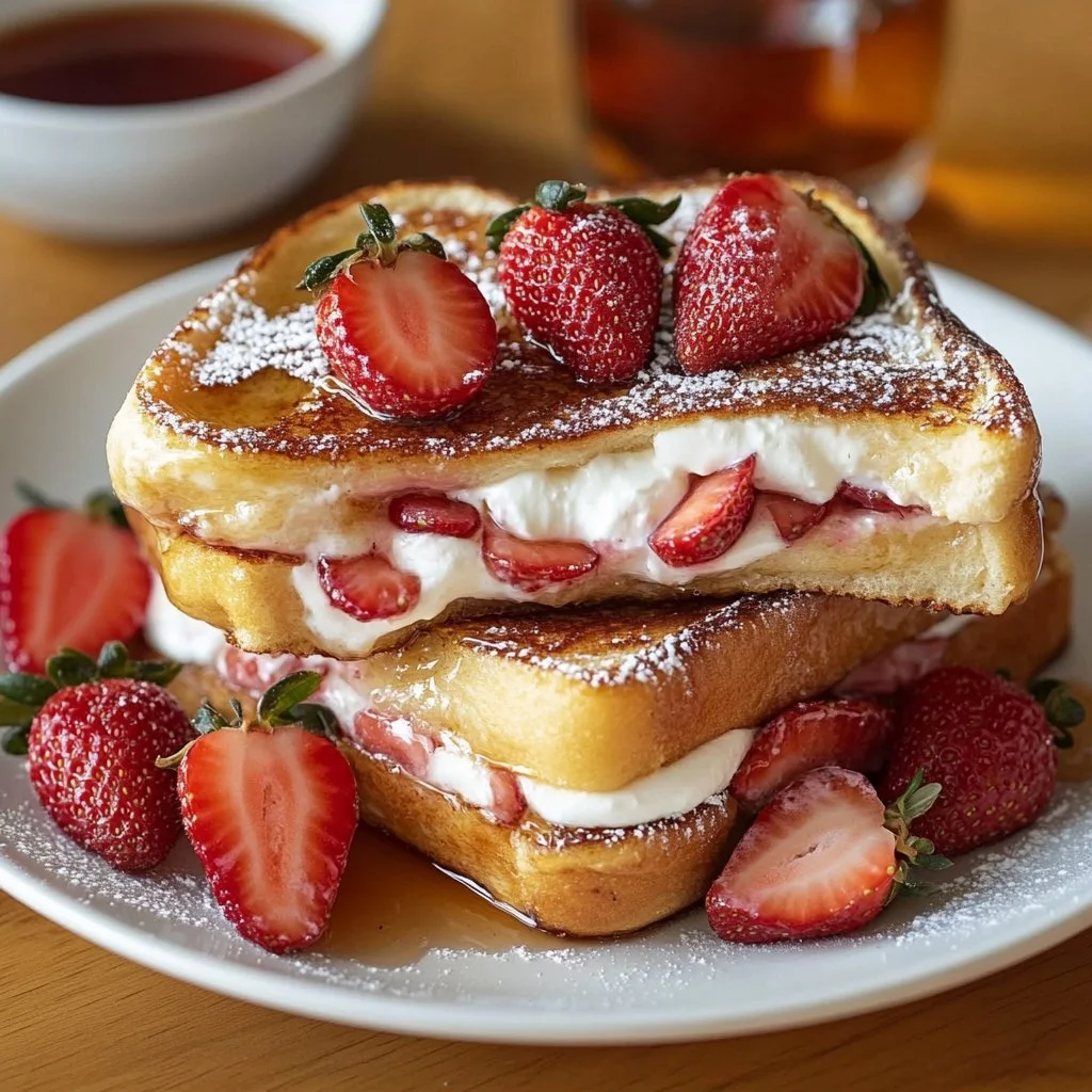 Strawberry cheesecake stuffed French toast topped with fresh strawberries