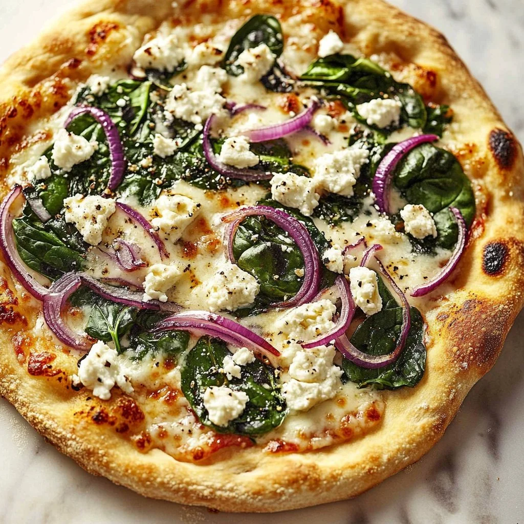 Delicious spinach feta flatbread pizza topped with fresh ingredients