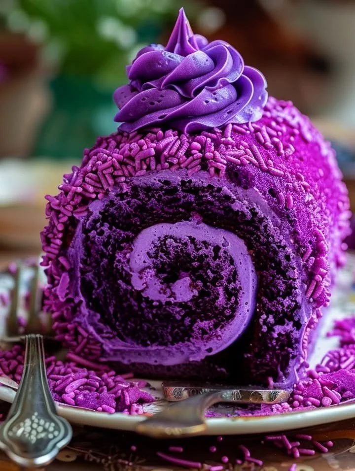 Delicious purple velvet cake roll filled with creamy frosting and topped with berries.