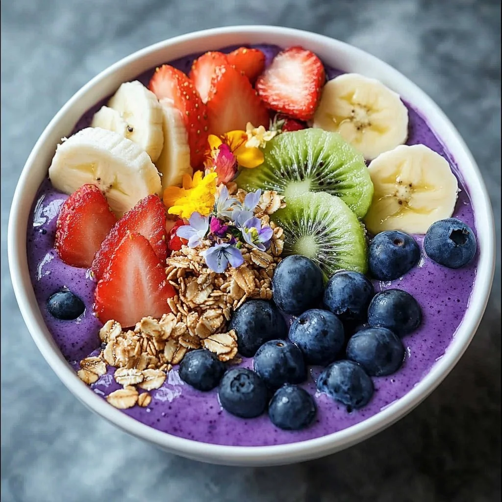 Colorful vibrant smoothie bowl with fresh fruits and toppings